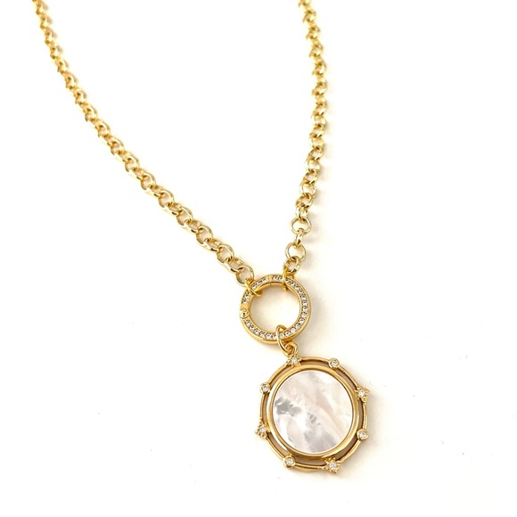 Gold Rolo Belcher Chain Pearl Coin Pendant Necklace Shell Medallion Charm Holder - Picture 6 of 7